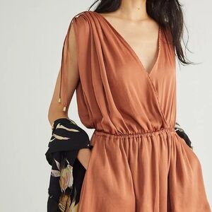 Free People Elegant Rust V-Neck Romper with Tie-Back Size-XL